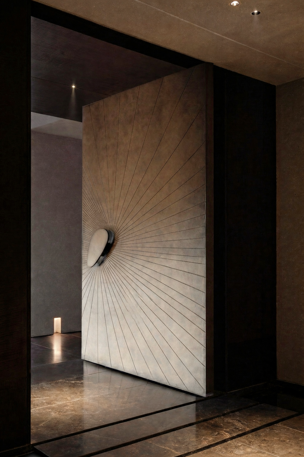 Luxury aluminium pivot door with sculptural metal panel design, concealed offset pivot system, oversized metal handle, modern architectural entrance