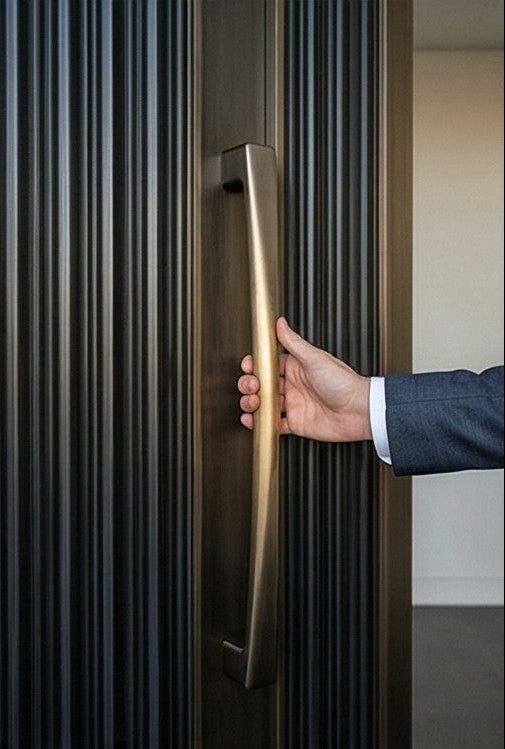 Cast aluminium pivot door handle detail
