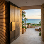 Timber-look aluminium pivot front door with oversized offset pivot system, concealed floor spring, and brushed brass flush handle, designed for modern coastal luxury homes