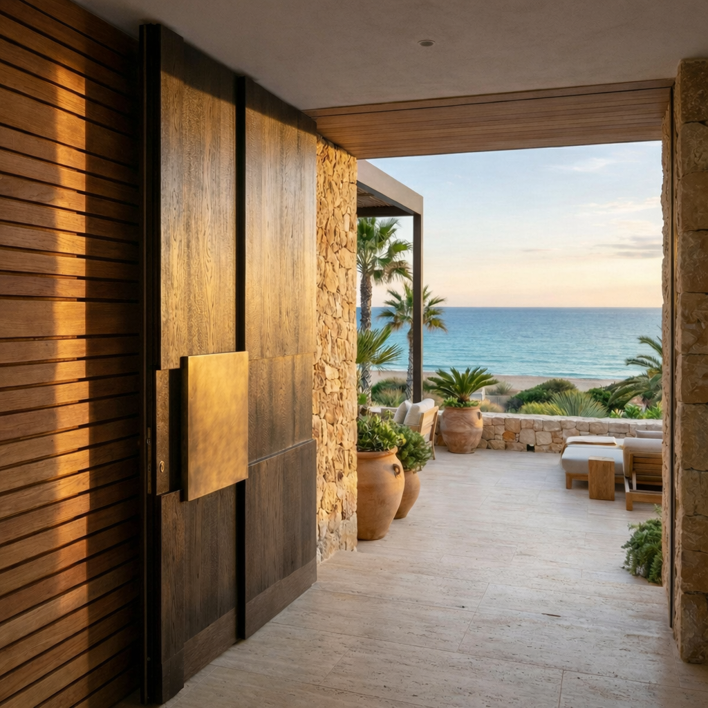 Timber-look aluminium pivot front door with oversized offset pivot system, concealed floor spring, and brushed brass flush handle, designed for modern coastal luxury homes