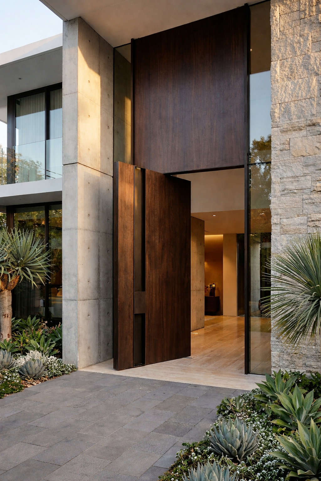 Timber-look cast aluminium pivot door with realistic wood grain finish, luxury modern home entrance