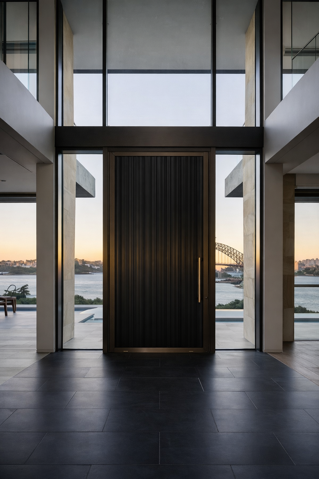Cast aluminium pivot door interior front view
