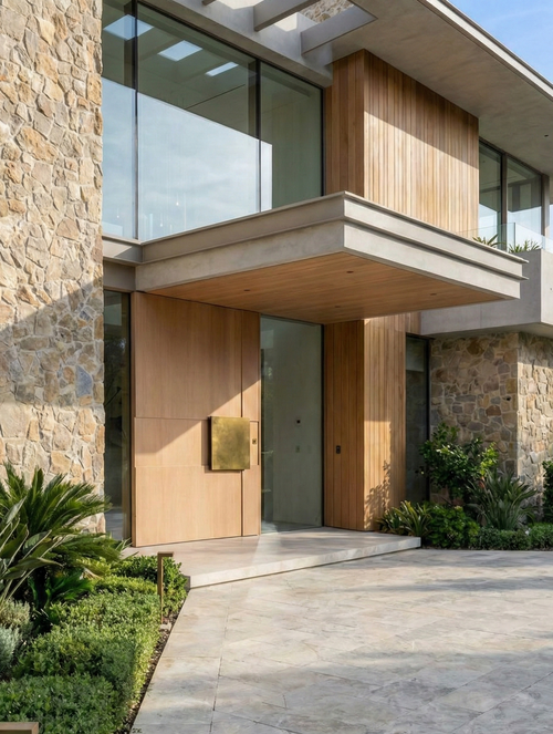 Cast aluminium pivot door with timber look at modern architectural home entrance
