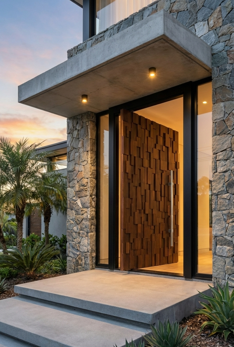 Sculptural timber look pivot door with layered wood texture, concealed handle and oversized pivot system