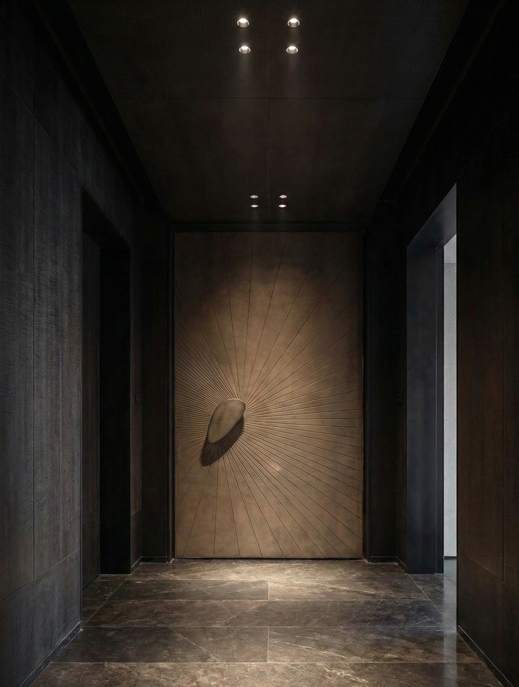 Luxury aluminium pivot door with sculptural metal panel design, concealed offset pivot system, oversized metal handle, modern architectural entrance