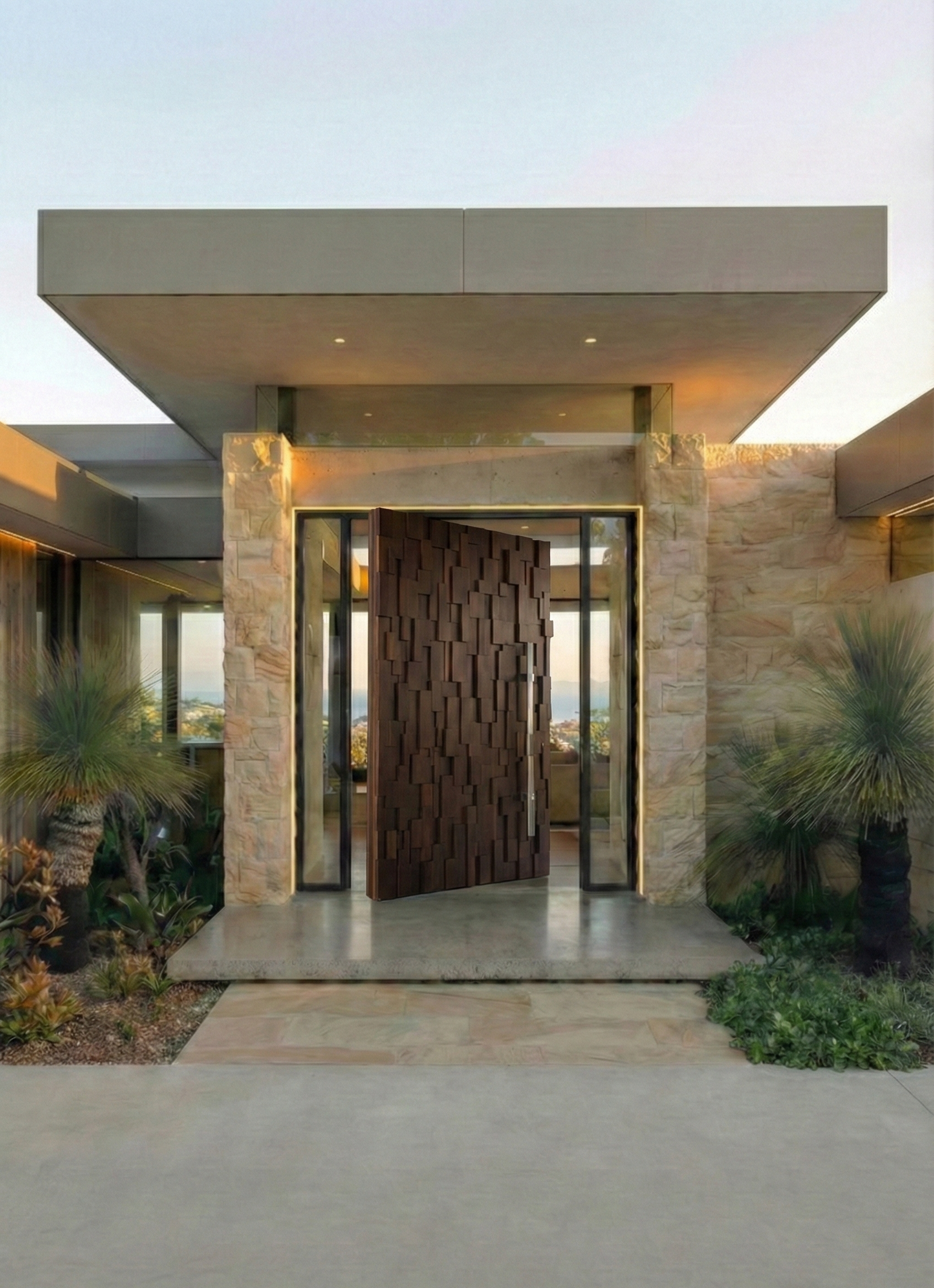 Sculptural timber look pivot door with layered wood texture, concealed handle and oversized pivot system