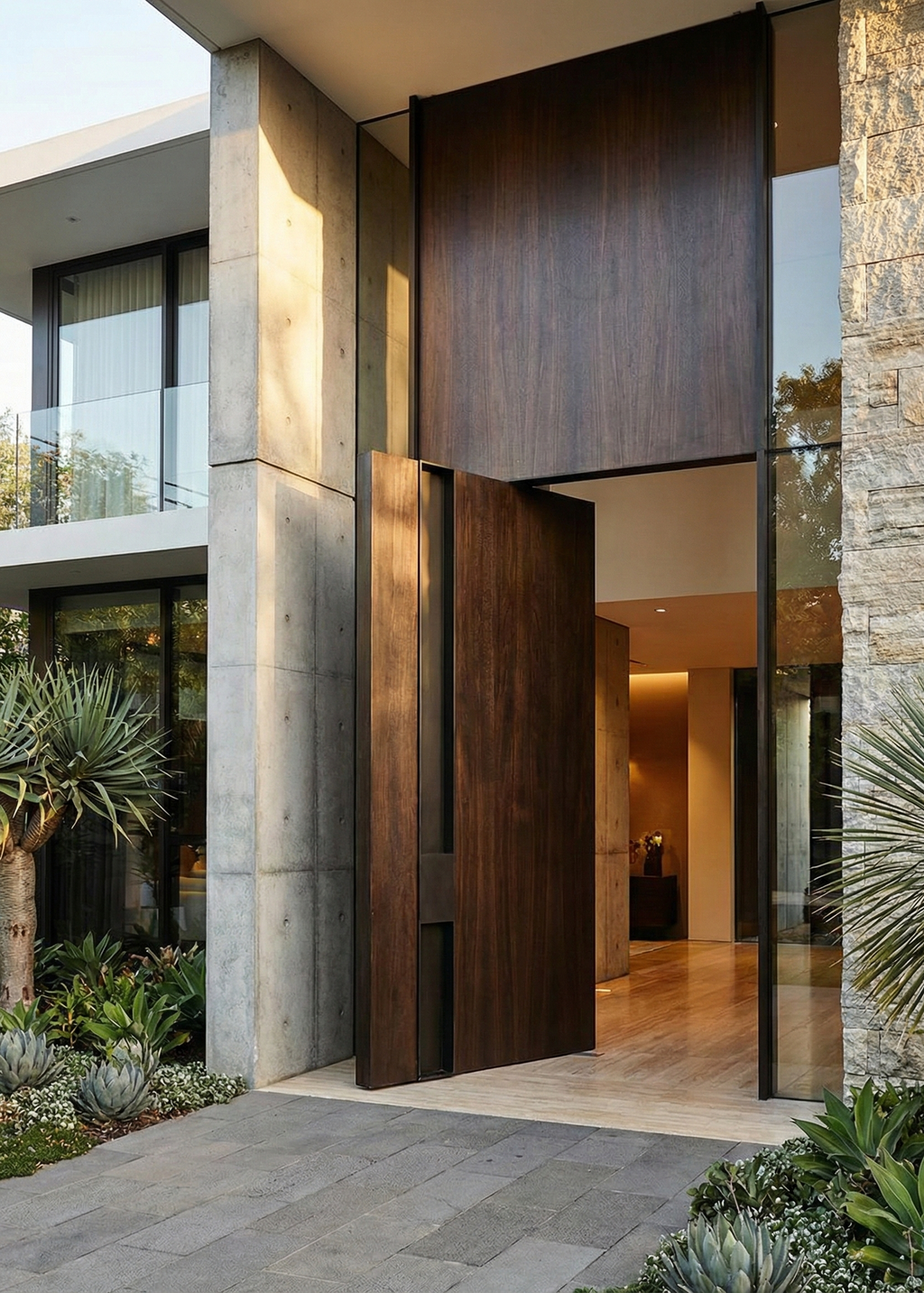 Timber-look cast aluminium pivot door with realistic wood grain finish, luxury modern home entrance