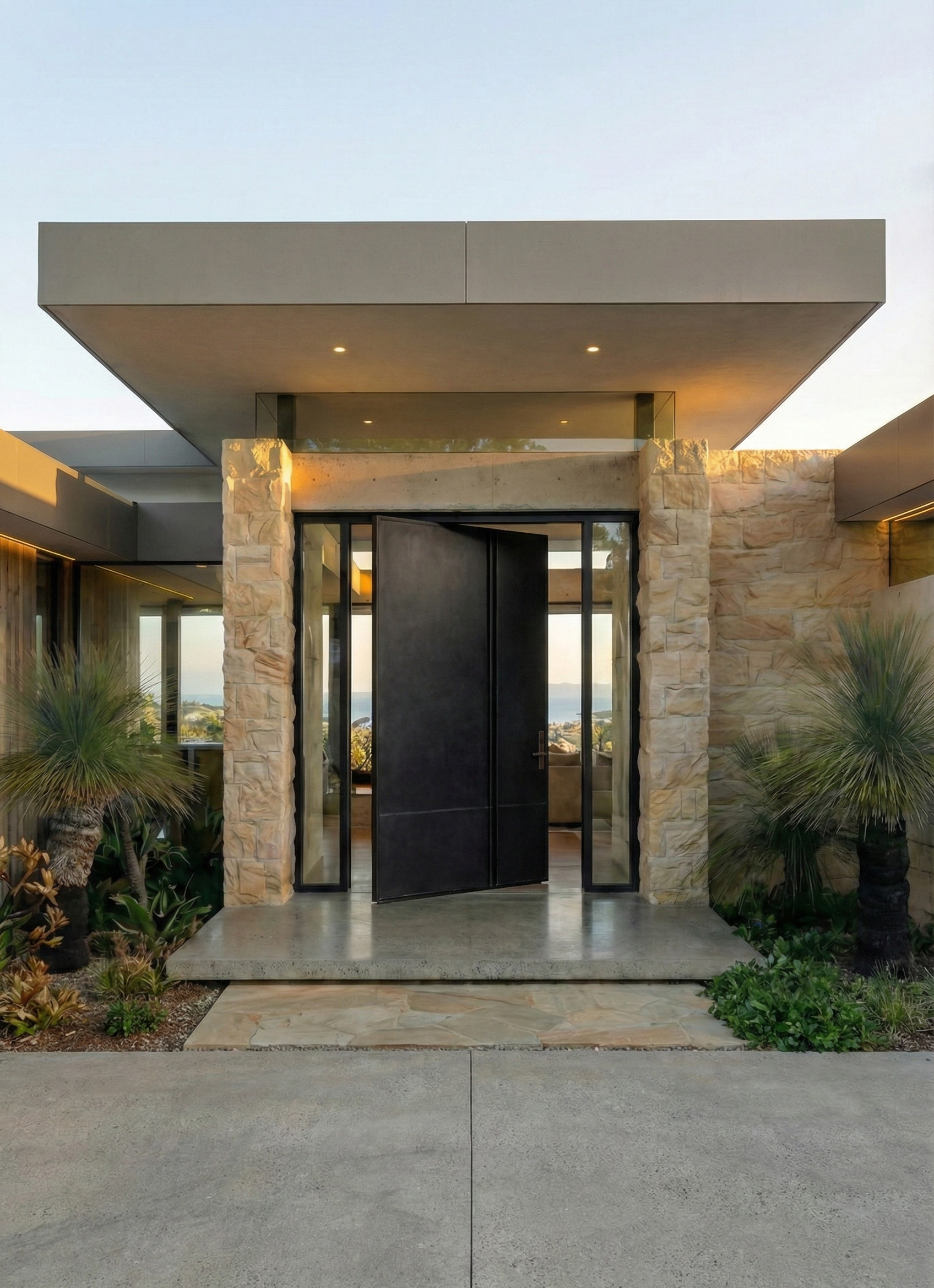 Large cast aluminium pivot door at modern stone facade home entrance
