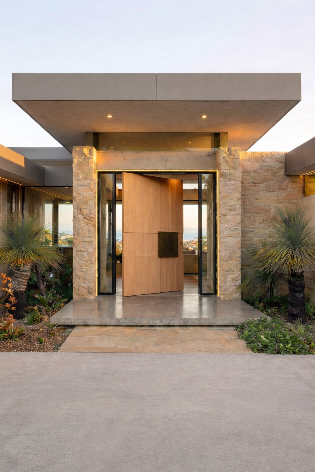 Large cast aluminium pivot door with timber look at modern stone facade entrance
