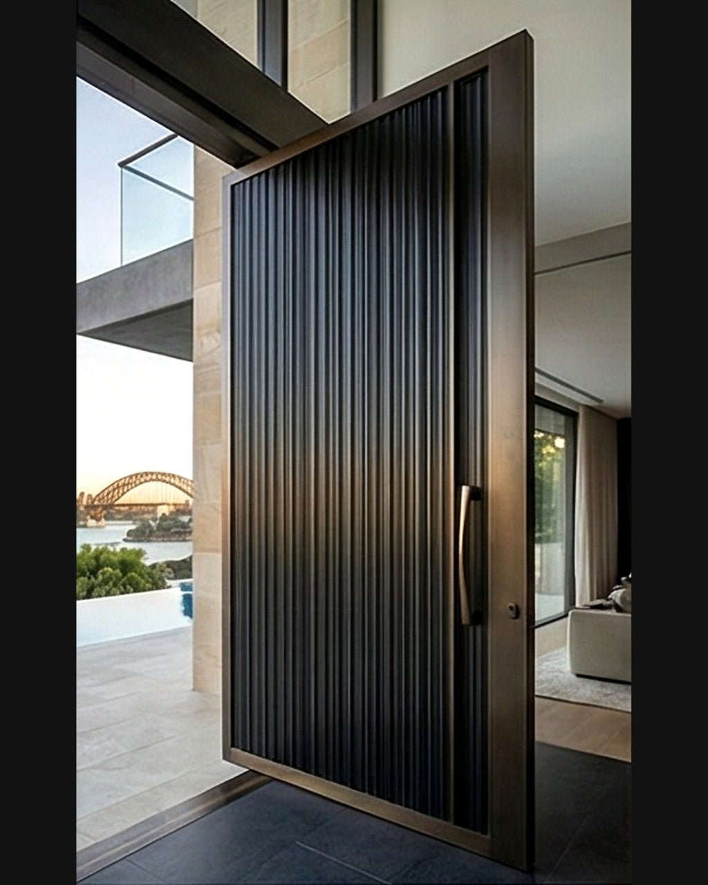 Cast aluminium pivot door side opening view

